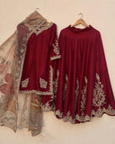Exclusive Red Chinon Silk Embroidery Work Sharara Suit With Dupatta
