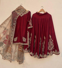 Exclusive Red Chinon Silk Embroidery Work Sharara Suit With Dupatta