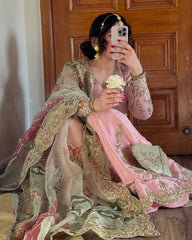 Exclusive Pink Chinon Silk Embroidery Work Sharara Suit With Dupatta