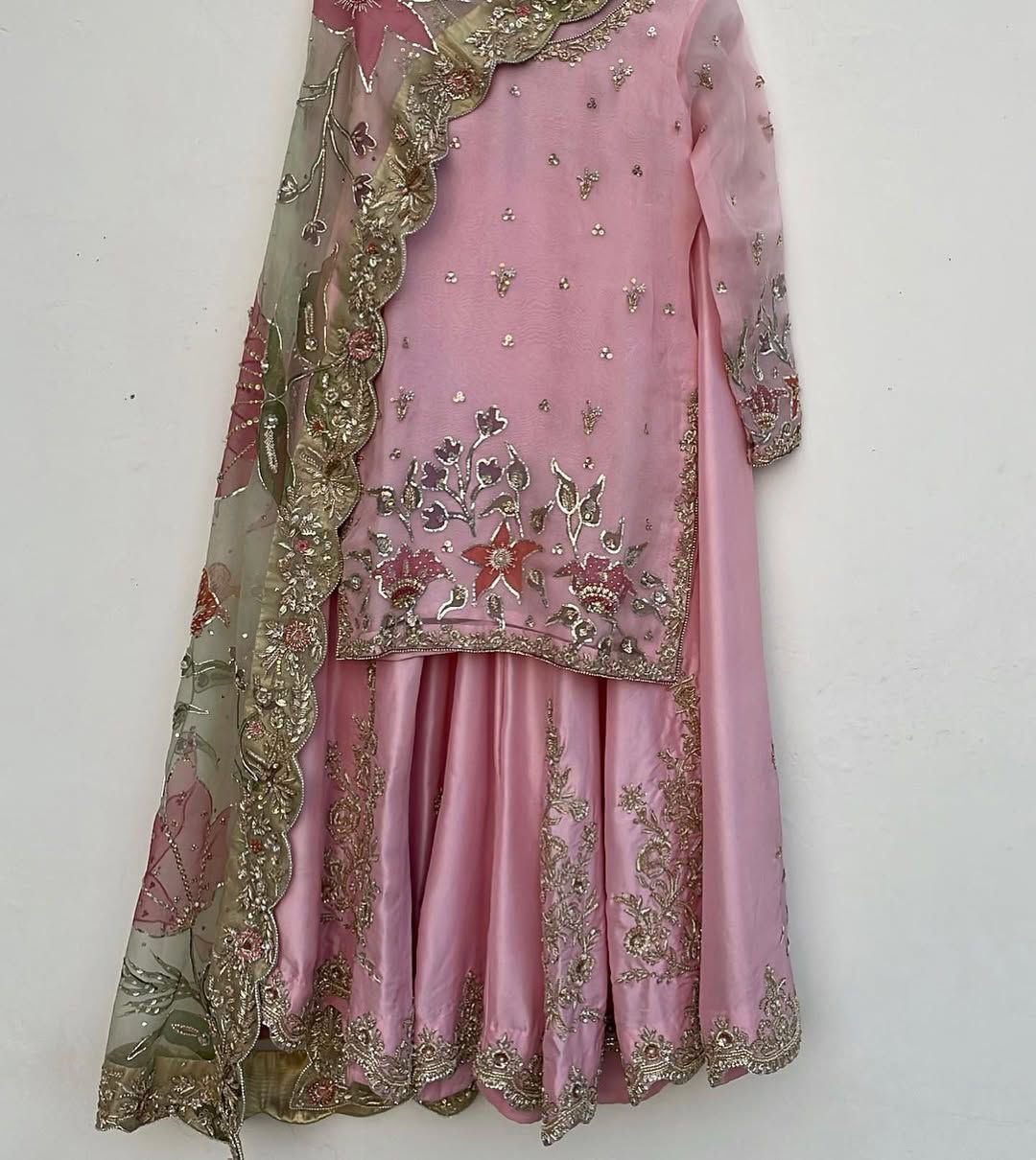 Exclusive Pink Chinon Silk Embroidery Work Sharara Suit With Dupatta