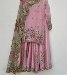 Exclusive Pink Chinon Silk Embroidery Work Sharara Suit With Dupatta