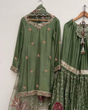 Exclusive Dhani Green Chinon Silk Embroidery Work Gharara Suit With Dupatta