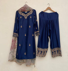 Exclusive Blue Chinon Silk Embroidery Work Farshi Suit With Dupatta
