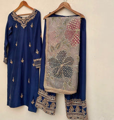 Exclusive Blue Chinon Silk Embroidery Work Farshi Suit With Dupatta