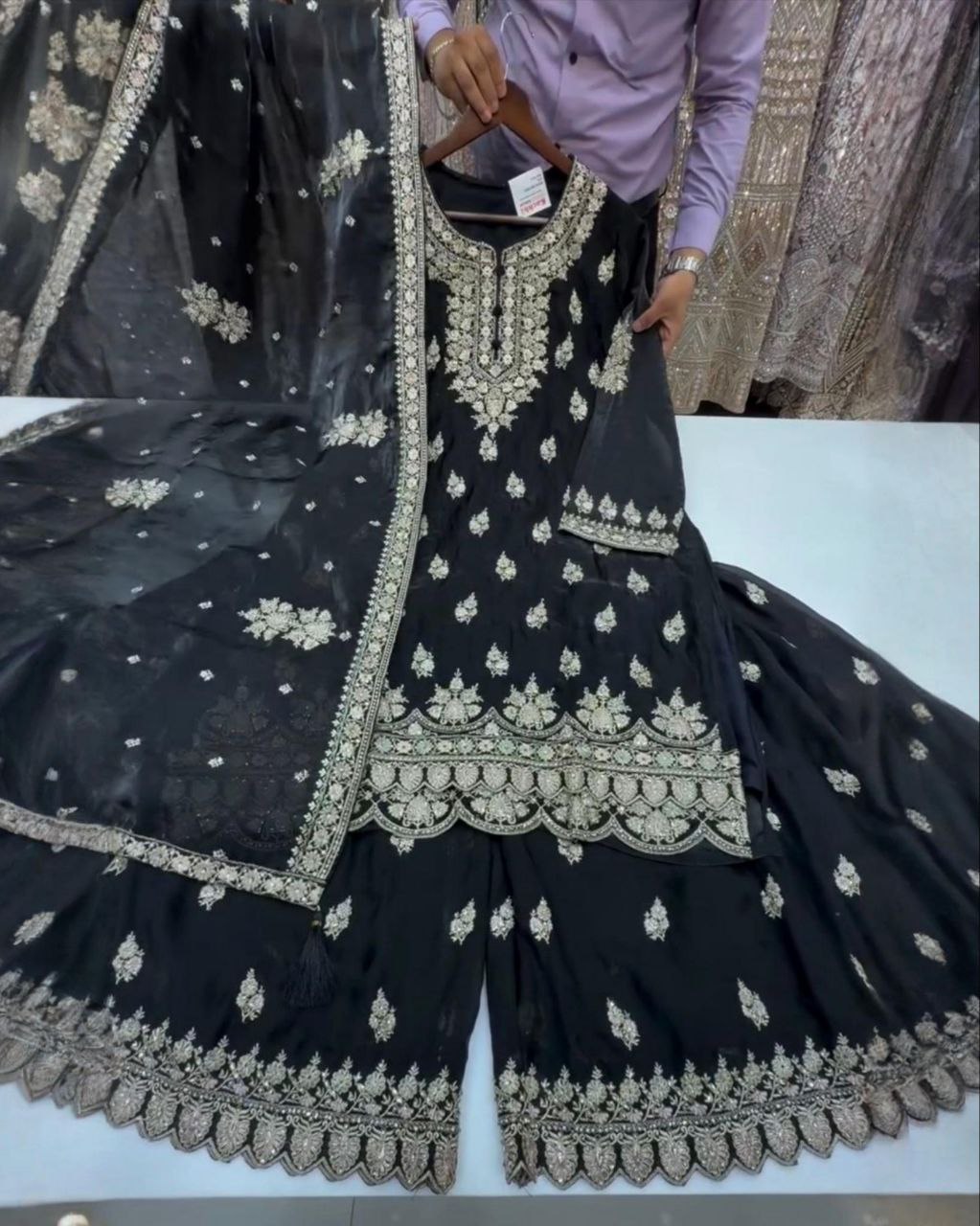 Designer Black Silk Embroidery Work Sharara Suit With Dupatta