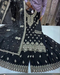 Designer Black Silk Embroidery Work Sharara Suit With Dupatta