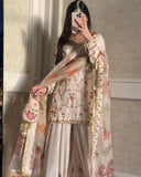 Exclusive Cream Chinon Silk Embroidery Work Sharara Suit With Dupatta