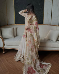 Exclusive Cream Chinon Silk Embroidery Work Sharara Suit With Dupatta