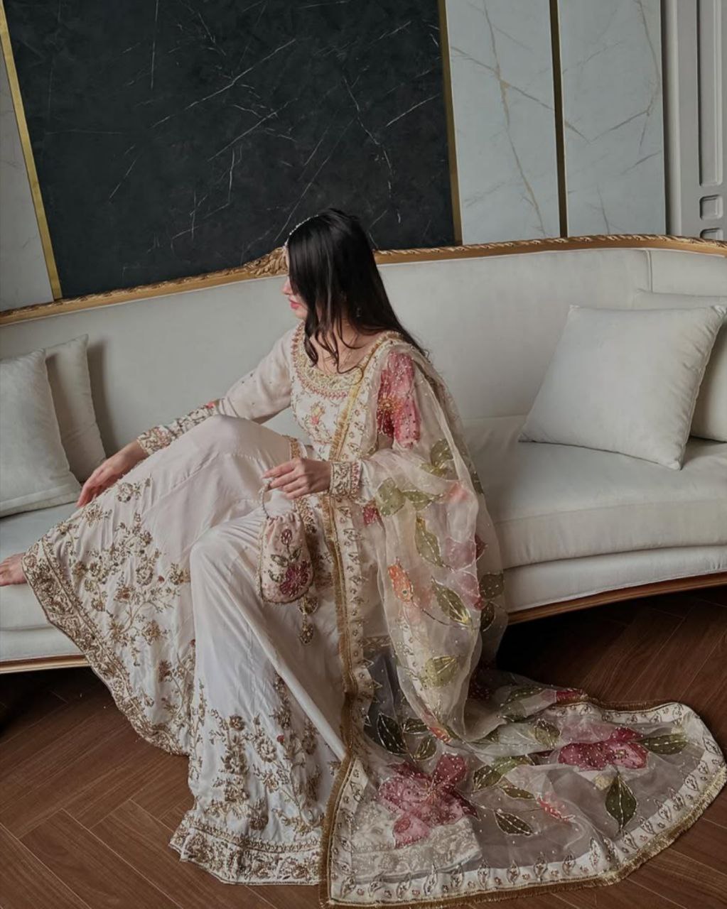 Exclusive Cream Chinon Silk Embroidery Work Sharara Suit With Dupatta
