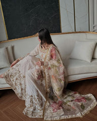 Exclusive Cream Chinon Silk Embroidery Work Sharara Suit With Dupatta