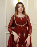 Exclusive Maroon Georgette Embroidery Work Anarkali Gown With Dupatta