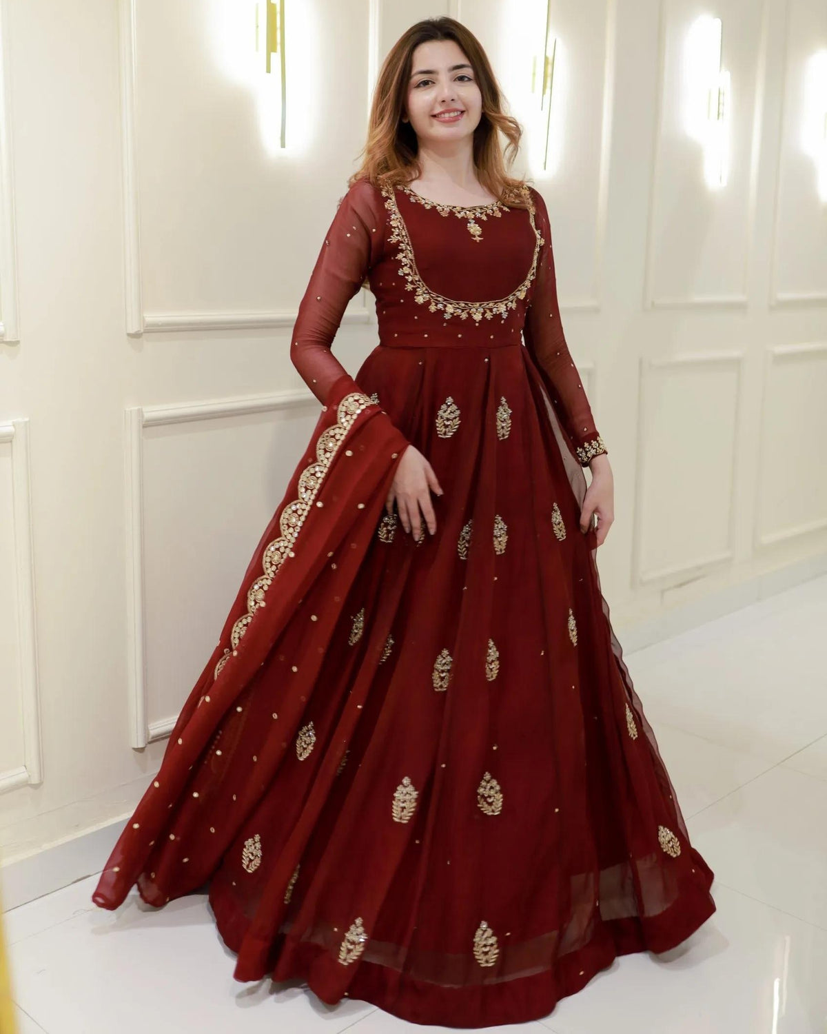Exclusive Maroon Georgette Embroidery Work Anarkali Gown With Dupatta