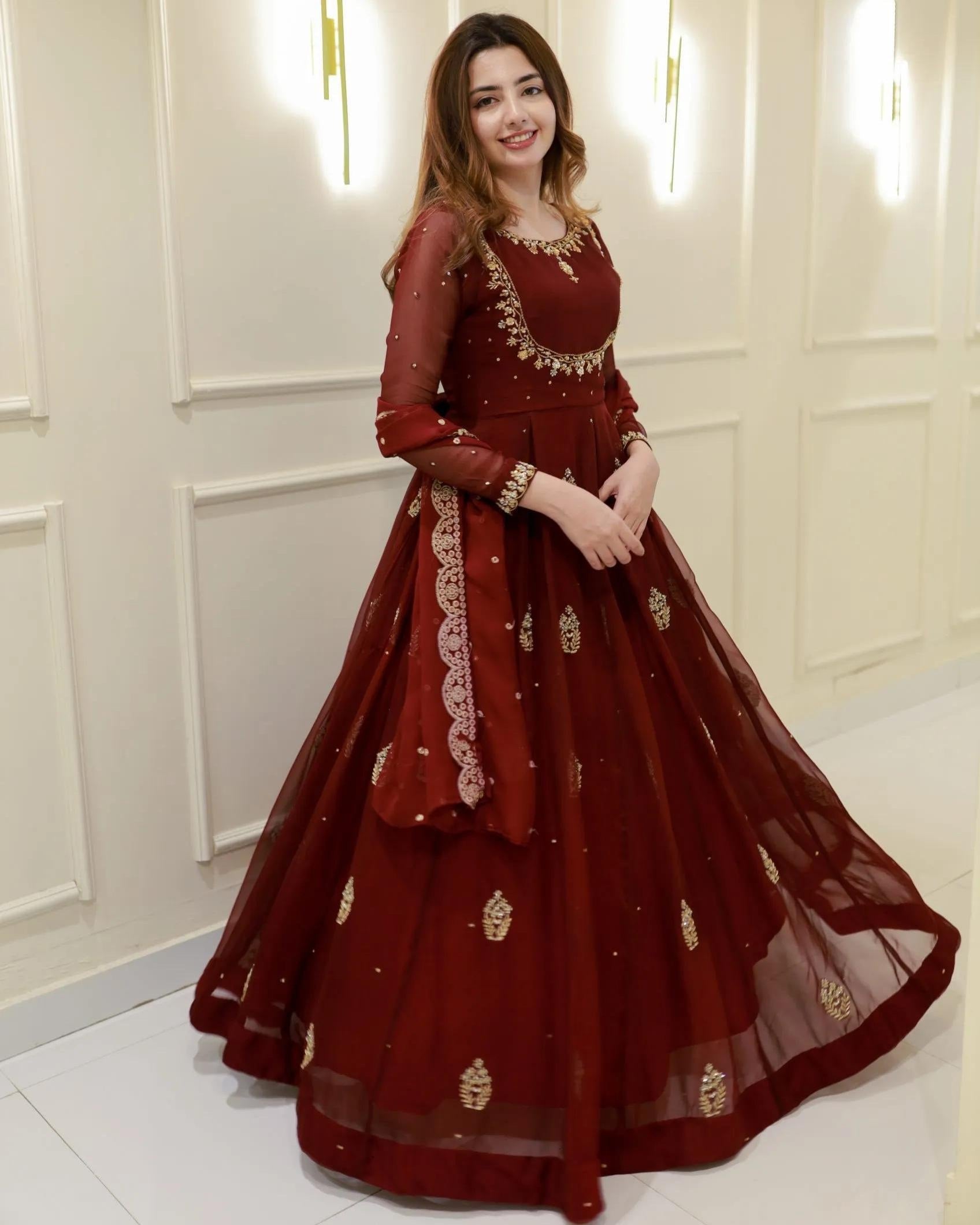 Exclusive Maroon Georgette Embroidery Work Anarkali Gown With Dupatta