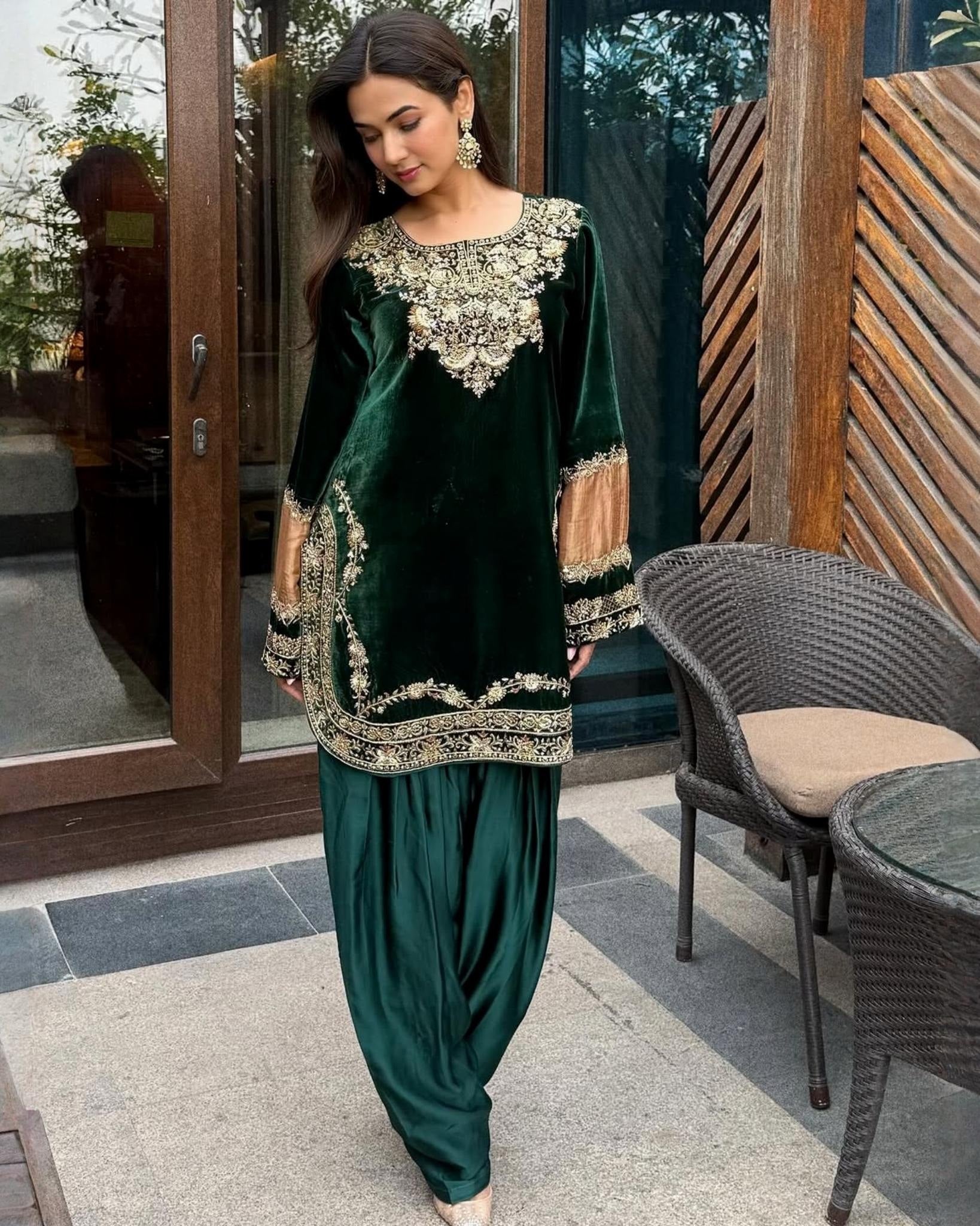 Exclusive Green Velvet Embroidery Work Salwar Suit With Dupatta