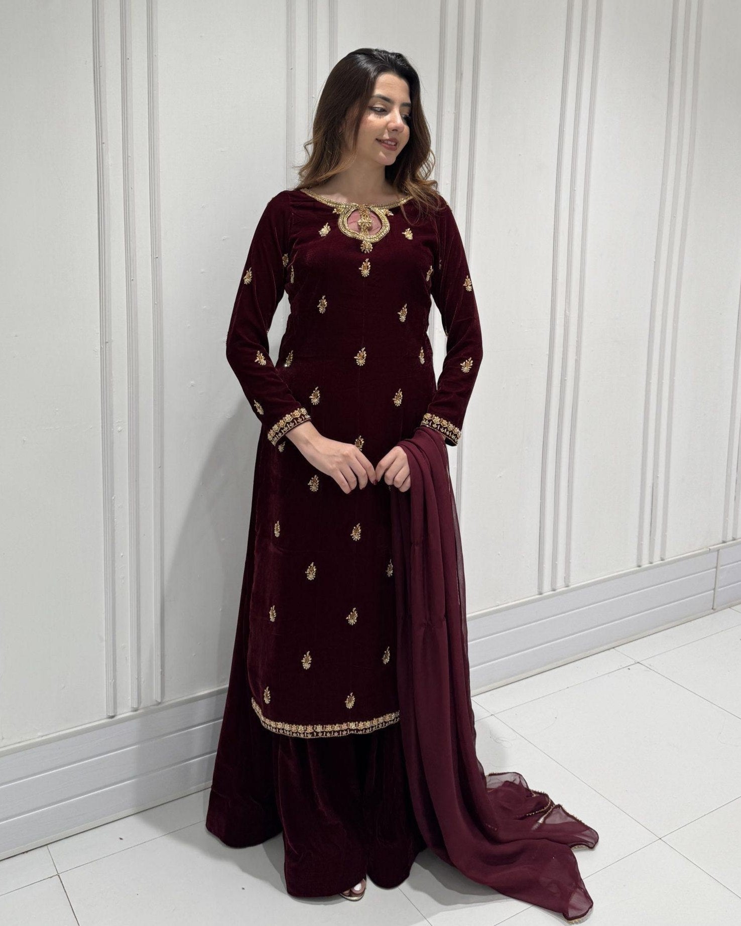 Exclusive Brown Velvet Embroidery Work Sharara Suit With Dupatta