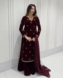Exclusive Brown Velvet Embroidery Work Sharara Suit With Dupatta