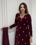 Exclusive Brown Velvet Embroidery Work Sharara Suit With Dupatta