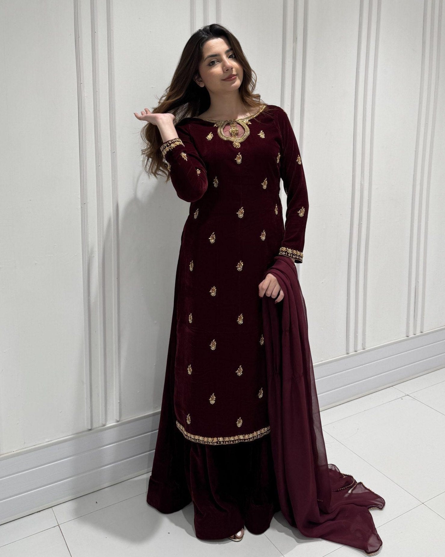 Exclusive Brown Velvet Embroidery Work Sharara Suit With Dupatta