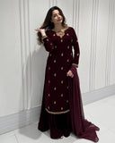 Exclusive Brown Velvet Embroidery Work Sharara Suit With Dupatta