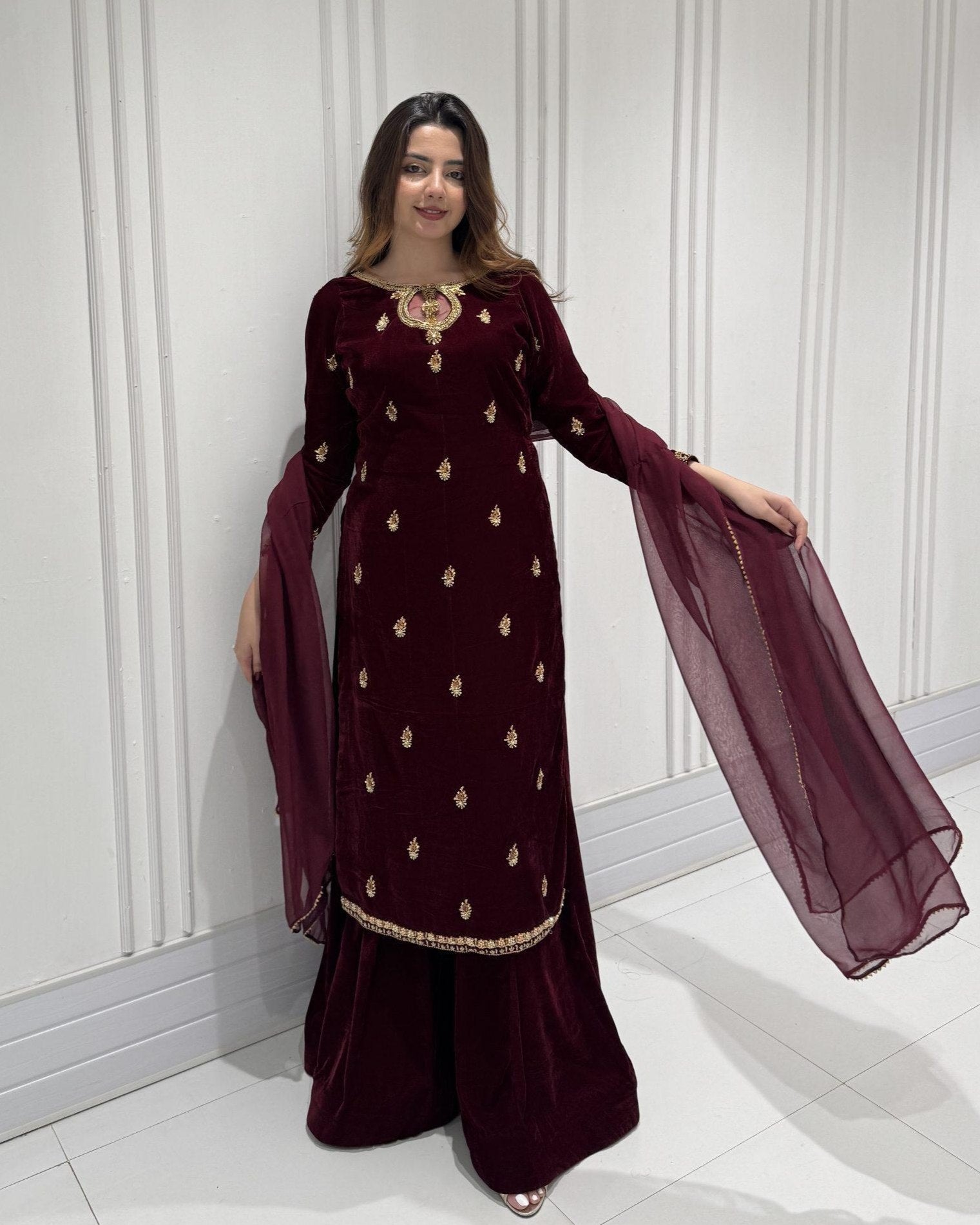 Exclusive Brown Velvet Embroidery Work Sharara Suit With Dupatta