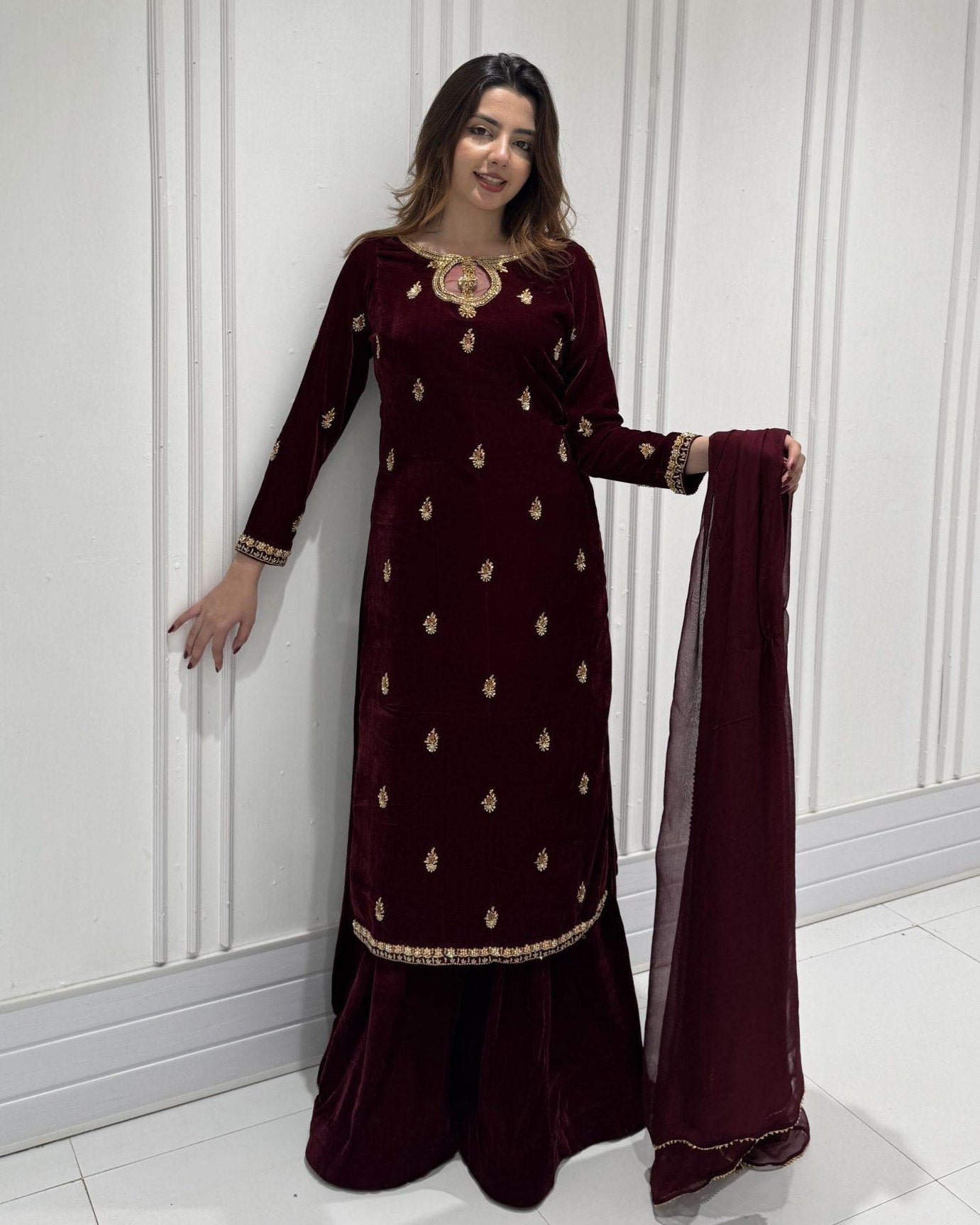 Exclusive Brown Velvet Embroidery Work Sharara Suit With Dupatta