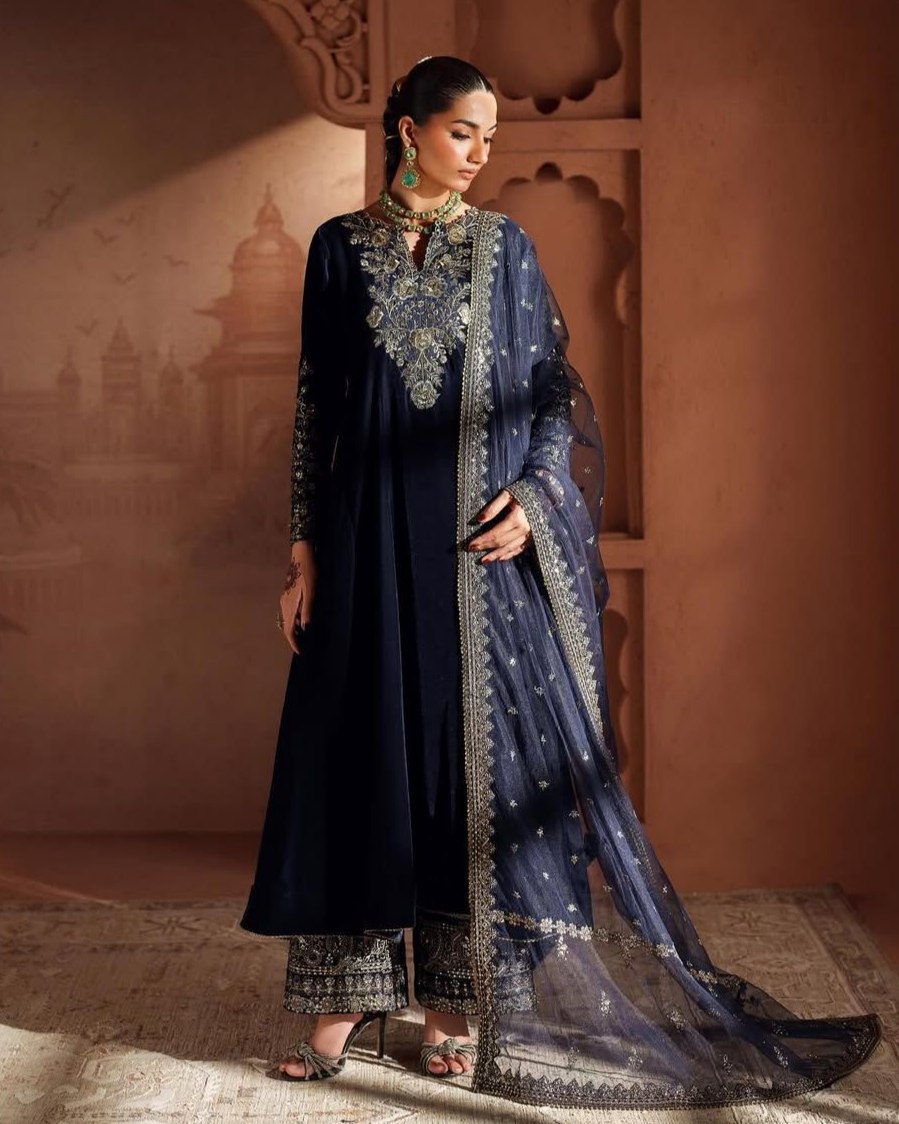 Exclusive Neavy Blue Velvet Embroidered Anarkali Suit With Dupatta