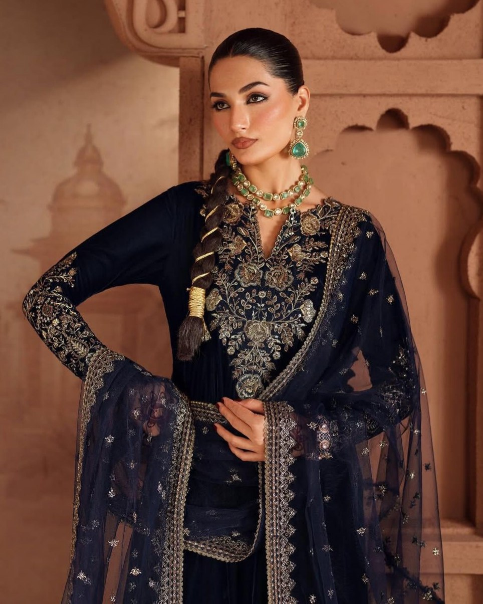 Exclusive Neavy Blue Velvet Embroidered Anarkali Suit With Dupatta