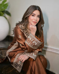 Ready To Wear Copper Brown Chinon Silk Embroidery Work Pant Suit With Dupatta