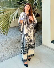 Ready To Wear White & Black Malai Silk Embroidery Work Pakistani Suit With Dupatta