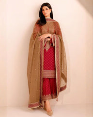 Ready To Wear Red Chinon Silk Embroidery Work Pant Suit With Brown Dupatta