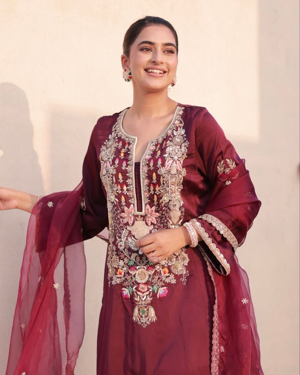 Ready To Wear Wine Satin Silk Sequence Work Pant Suit With Dupatta