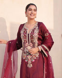 Ready To Wear Wine Satin Silk Sequence Work Pant Suit With Dupatta