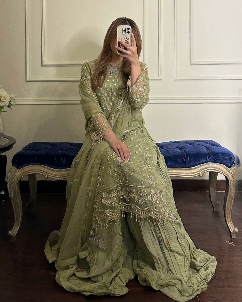 Ready To Wear Pale Olive Soft Georgette Embroidery Work Sharara Suit With Dupatta