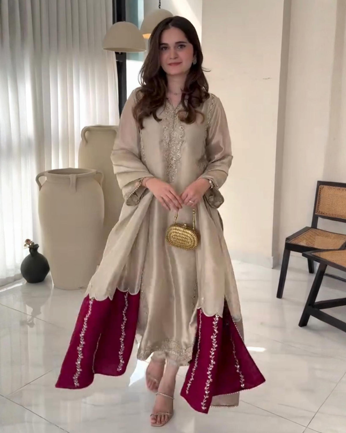 Exclusive Beige Silk Embroidery Work Pakistani Pant Suit With Dupatta