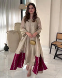 Exclusive Beige Silk Embroidery Work Pakistani Pant Suit With Dupatta