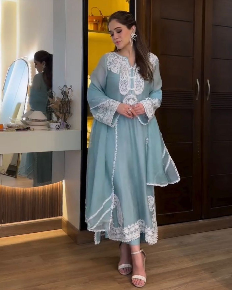 Exclusive Ice Blue Organza Embroidery Work Pakistani Suit With Dupatta