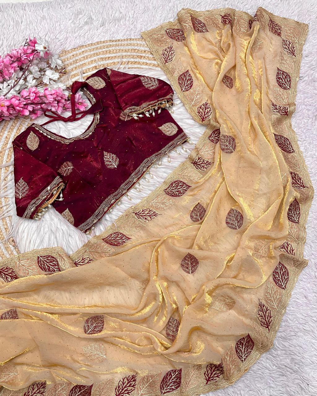 Designer Purple , Yellow , Pink & Green Satin Silk Embroidery Work Saree With Blouse