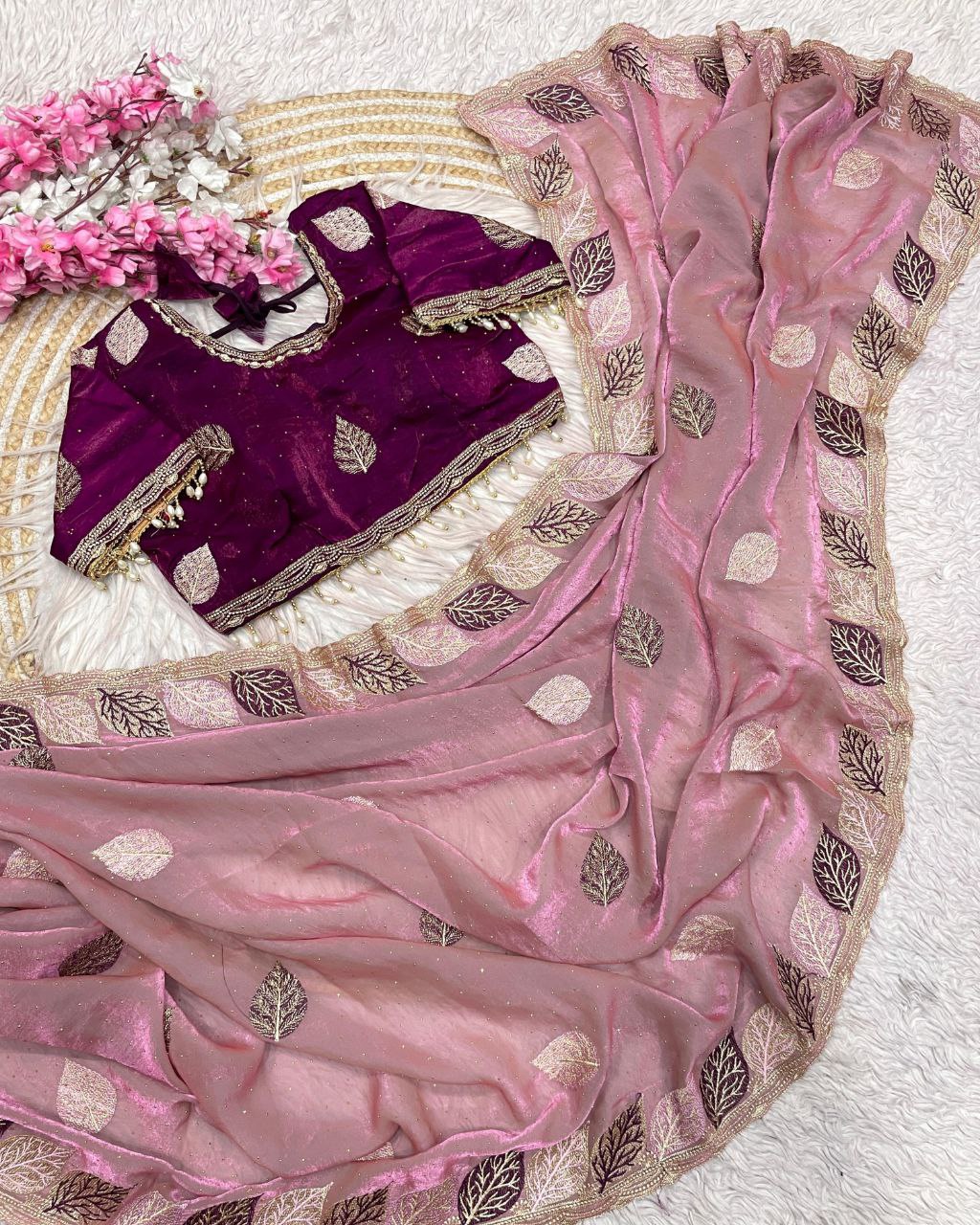 Designer Purple , Yellow , Pink & Green Satin Silk Embroidery Work Saree With Blouse