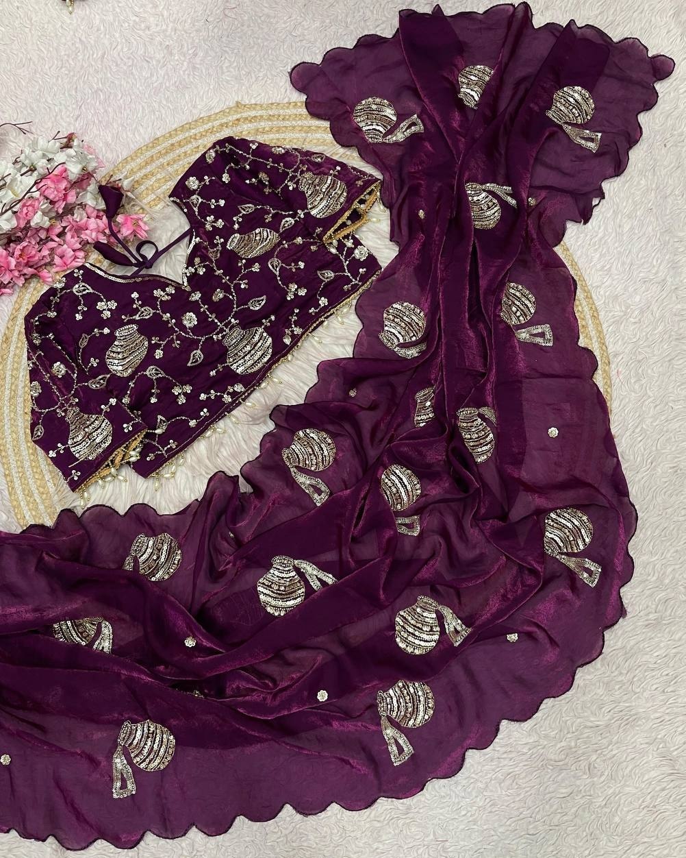Designer Multi Satin Silk Embroidery Work Saree With Blouse