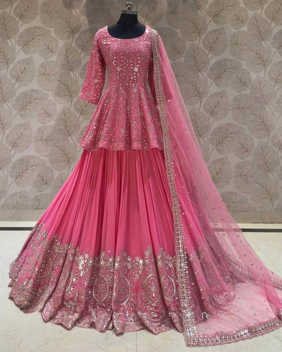 Ready To Wear Salmon Pink Soft Georgette Embroidery Work Lehenga Choli With Dupatta