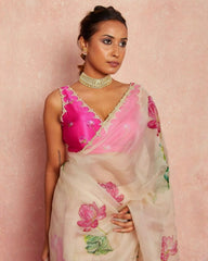 Exclusive White & Pink Organza Embroidered Saree With Blouse