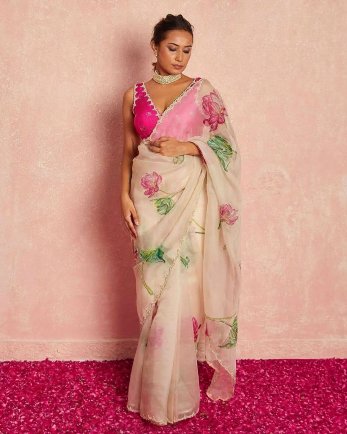 Exclusive White & Pink Organza Embroidered Saree With Blouse