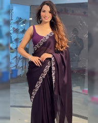 Dark Purple Silk Diamond Work Saree With Blouse