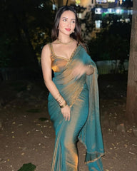 Green Dual Silk Moti Lace Border Saree With Blouse