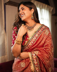 Red Banarasi Thread Work Saree With Blouse