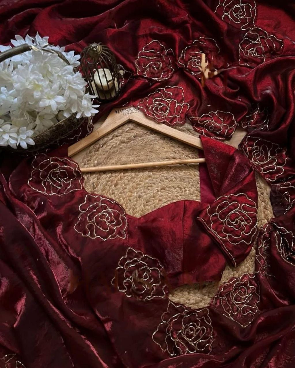 Maroon Red Silk Sequence Work Saree With Blouse