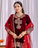 Exclusive Red Velvet Embroidery Work Salwar Suit With Dupatta
