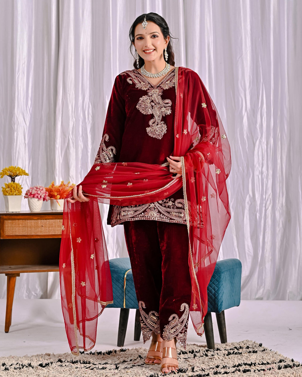 Exclusive Red Velvet Embroidery Work Salwar Suit With Dupatta