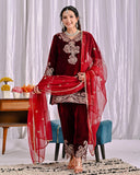 Exclusive Red Velvet Embroidery Work Salwar Suit With Dupatta