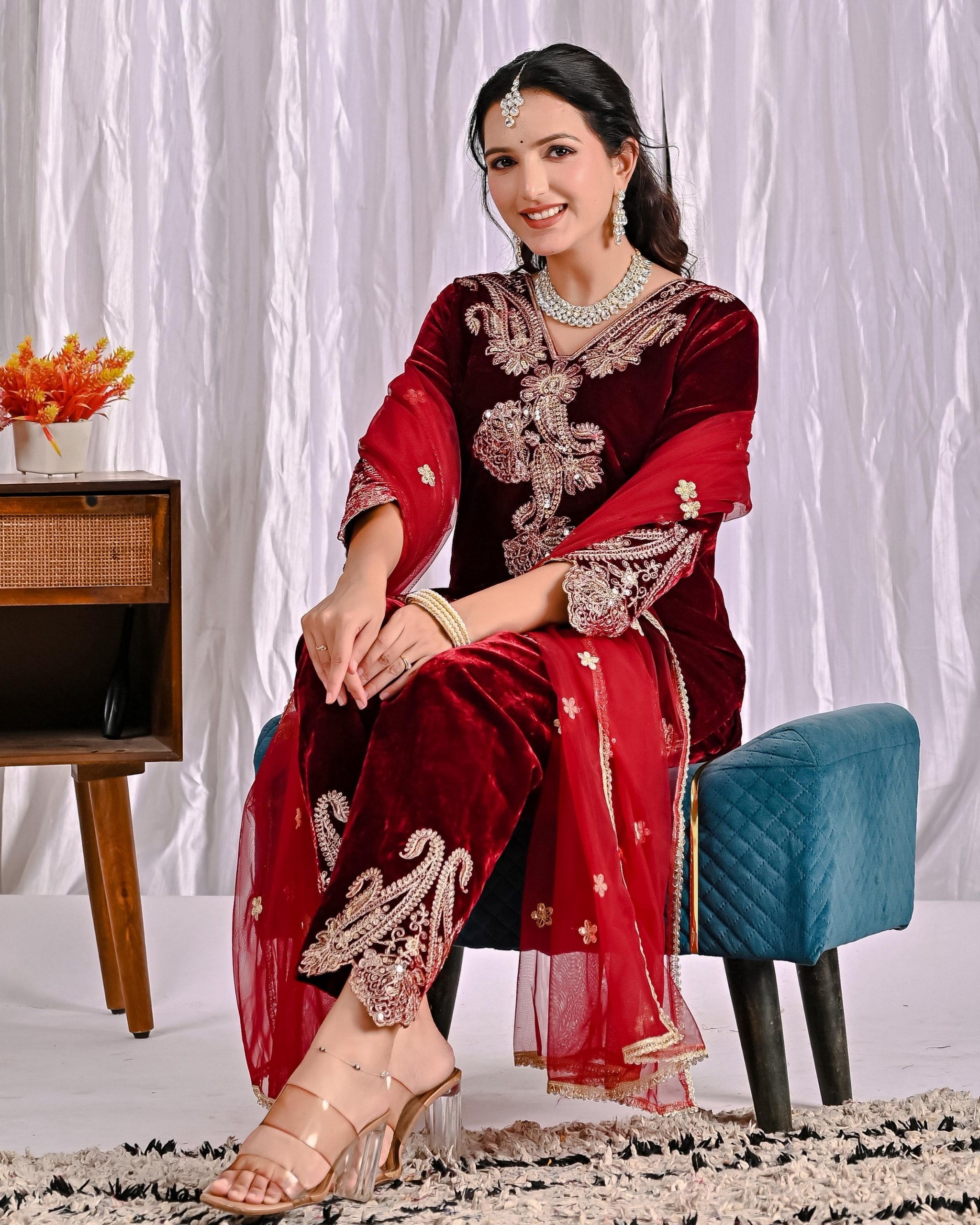 Exclusive Red Velvet Embroidery Work Salwar Suit With Dupatta